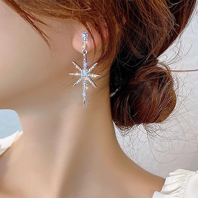 Vintage Crystal Northstar Dangle Earrings Rhinestone Northstar Studs Earrings Gold Cz Star Drop Earrings Sparkly Cz Starburst Earrings Jewelry for Women
