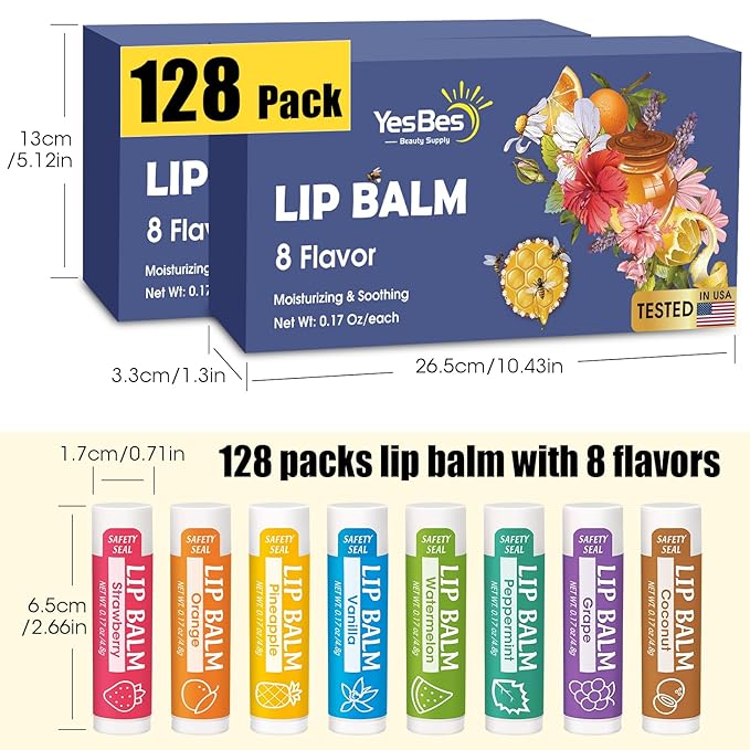 128 Pack Lip Balm, Natural Lip Balm Bulk with Vitamin E and Coconut Oil, Moisturizing Lip Balm for Dry Cracked Lips, Lip Balm for Stocking Stuffers - 8 Flavors