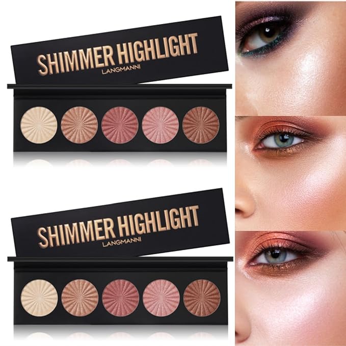 2 Packs Highlighter Powder Palette, 5 Colors Makeup Palette Contour Palette Eyeshadow Makeup Kit Waterproof Long Lasting Brilliant Lighten Skin Color Professional Face Shading Set (2, brown, Large)