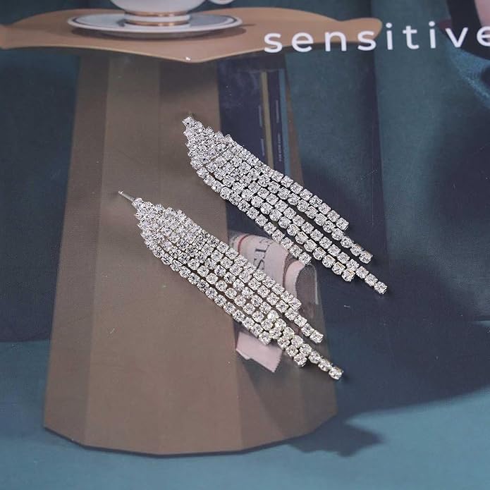 Vintage Rhinestone Chandelier Tassel Earrings Crystal Chain Drop Earrings Gold Long Tennis Chain Earrings Shine Chandelier Bridal Earrings Jewelry for Women