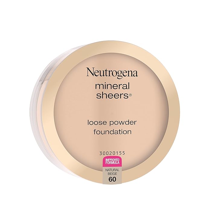 Neutrogena Mineral Sheers Lightweight Loose Powder Makeup Foundation with Vitamins A, C, & E, Sheer to Medium Buildable Coverage, Skin Tone Enhancer, Face Redness Reducer, Natural Beige 60,.19 oz