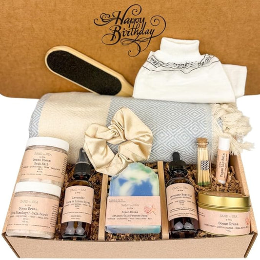Birthday Gift Baskets for Women, Handmade Ocean Gift Box, Natural Relaxing Spa Self Care Package for Women 13 Pc, Spa Gifts for Woman, Gift Basket for Her, Birthday Box (Ocean Dream)