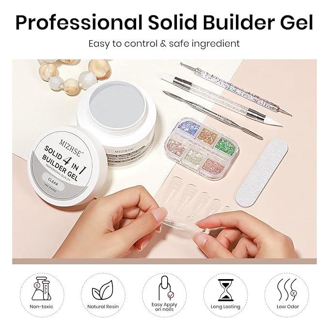 MIZHSE 100g Solid Builder Gel for Nails, Large Capacity Clear Hard Gel 3D Sculpting for Nail Art U V LED Builder Kit with 3D Silicone Pen, for Salon Home DIY