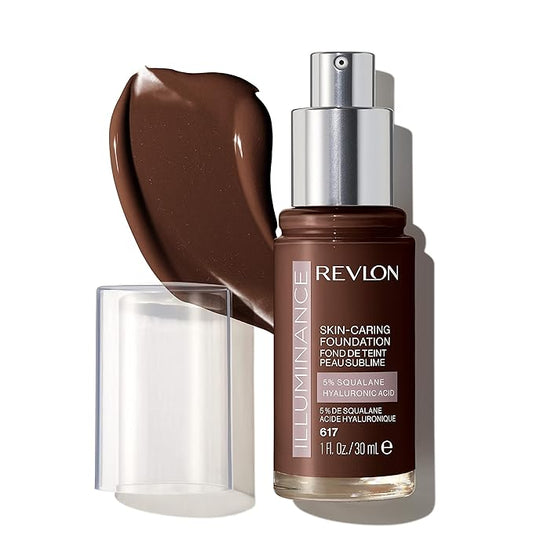 Revlon Illuminance Skin-Caring Liquid Foundation, Hyaluronic Acid, Hydrating and Nourishing Formula with Medium Coverage, 617 Ebony (Pack of 1)