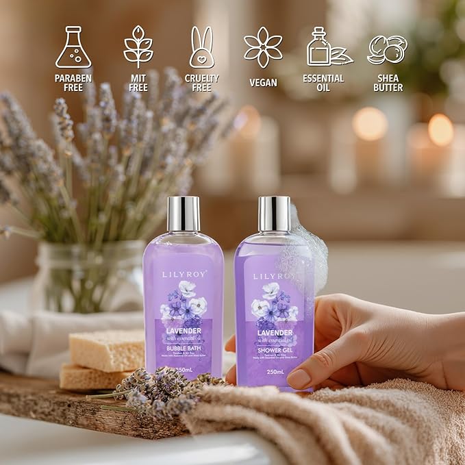 Mothers Day Gifts for Mom - 8 Pcs Lavender Bath & Body Gift Set for Women, Spa Gift Basket with Bath Bomb | Christmas, Birthday Gifts, Self Care & Pampering Gifts for Her, All Occasion Holiday Present