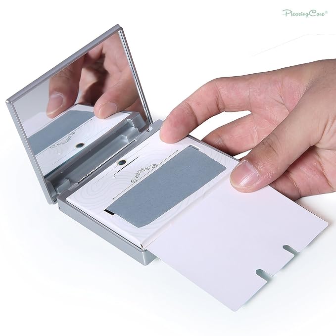 Makeup Mirror with Facial Oil Blotting Paper Sheets - Bamboo Charcoal 100 Counts, Silver Compact Folding Cosmetic Travel Mirror