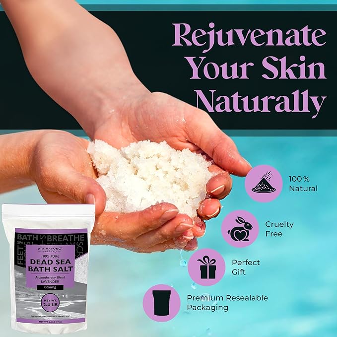 Aromasong Pure Dead Sea Salt for Soaking with 100% Natural Lavender, 2.43 LB - Spa Bath Salt Fine Grain - Body Wash Scrub - Soak for Women & Men- Bulk Resealable Pack