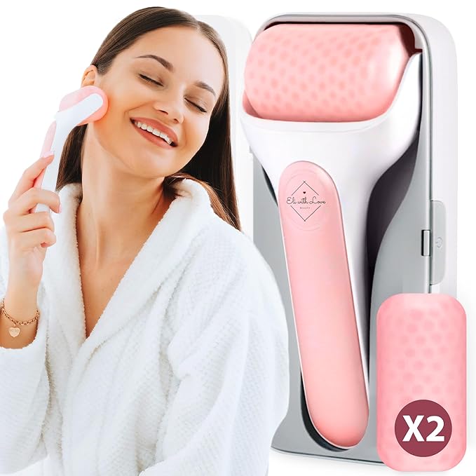 Ice Roller for Face Premium Facial Ice Roller with Carry Case and 2X Rollers for Long Lasting Cold - Eye Roller for Puffy Eyes & Cold Massage for Migraines (Pink (with case))
