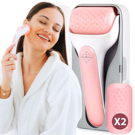 Ice Roller for Face Premium Facial Ice Roller with Carry Case and 2X Rollers for Long Lasting Cold - Eye Roller for Puffy Eyes & Cold Massage for Migraines (Pink (with case))