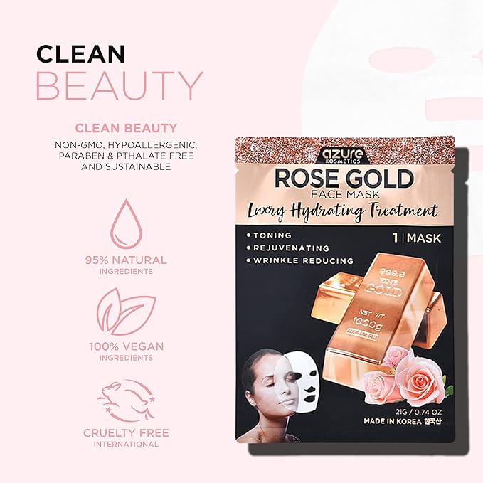 Azure Cosmetics Rose Gold Luxury Hydrating Facial Sheet Mask - Firming, Lifting & Deeply Moisturizing - Helps Reduce Fine Lines & Wrinkles, Signs of Aging & Dry Patches - Made in Korea - Pack of 5