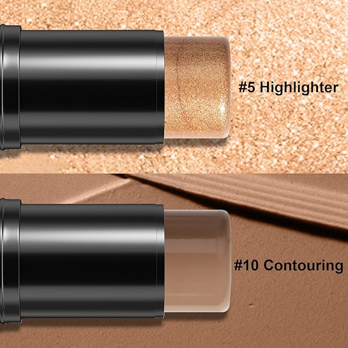 2Pcs Cream Contour Stick Makeup Kit, Cream Highlighter Stick and Bronzer Contour Stick with Longwear Waterproof Formula for Brightening and Trimming the Cheeks, Makeup Brush Include (#05, 10)