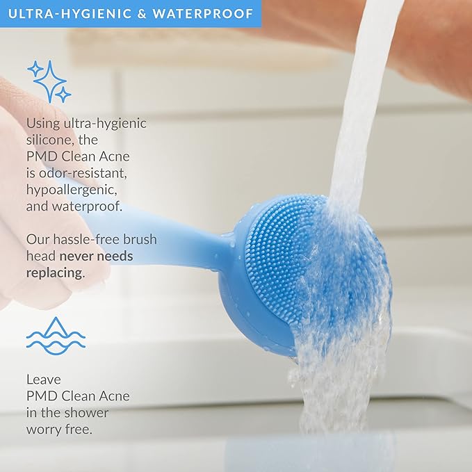 PMD Beauty Facial Cleansing Brush - Smart Silicone Brush with Blue Light Treatment - SonicGlow Vibration - Waterproof Device for Acne