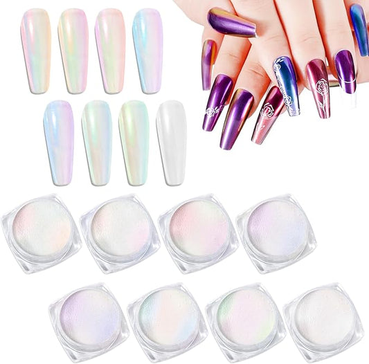 Laza Chameleon Pearl Chrome Nail Powder, 8 Colors Glazed Donut Metallic Mirror Effect Pigment, Iridescent Aurora Nail Glitter Holographic Dust Kit for Gel Nail Art Decoration, Gifts – Gorgeous Mermaid