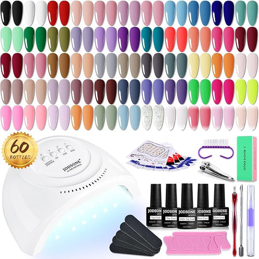 JODSONE Gel Nail Polish Kit 60 PCS with U V Light Soak off Base Top Coat 55 Shine Colors Gel Nail Kit Bright and Dark Brown Wine Red Series Manicure Set for Women and Girls