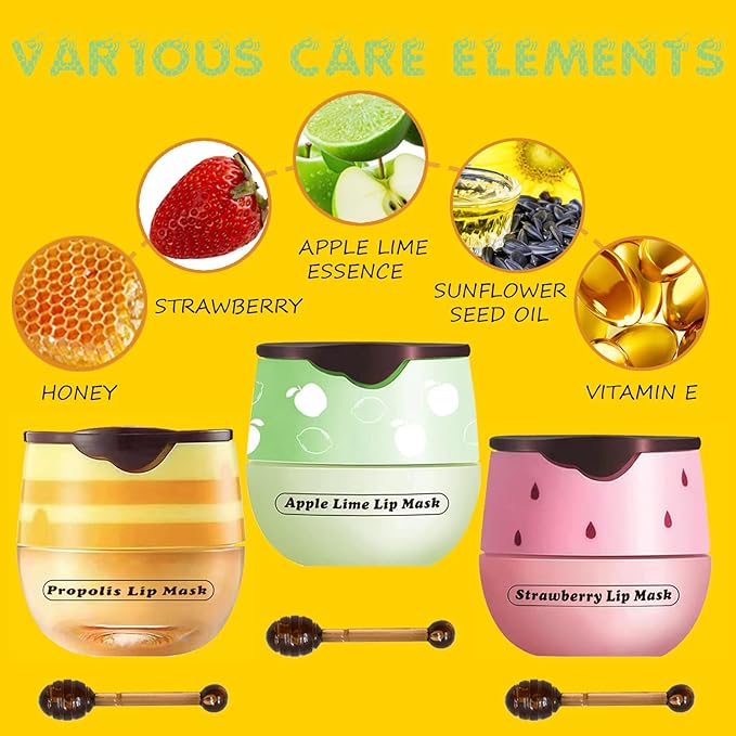 3PCS Lip Balm Honey Pot, Honey Pot Lip Balm for Dry Cracked Lips, Strawberry Lip Balm Scrubs Exfoliator & Moisturizer, Hydrating Lip Balm Honey Pot with Wand, Lip Sleeping Mask (3pcs)