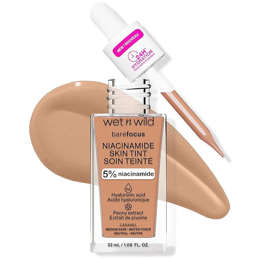 wet n wild Bare Focus Skin Tint, 5% Niacinamide Enriched, Buildable Sheer Lightweight Coverage, Natural Radiant Finish, Hyaluronic & Vitamin Hydration Boost, Cruelty-Free & Vegan - Caramel