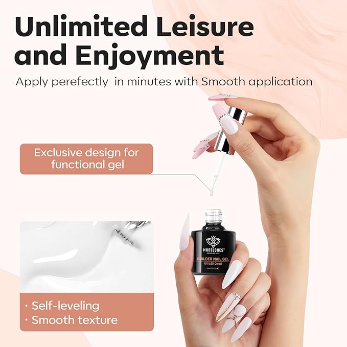 modelones Builder Nail Gel, Milky White Builder for Nail Thickening, 8-in-One LED Lamp Cured Strengthener Hard Color Base Extension Glue Gel Polish in a Bottle for Home DIY Salon Women