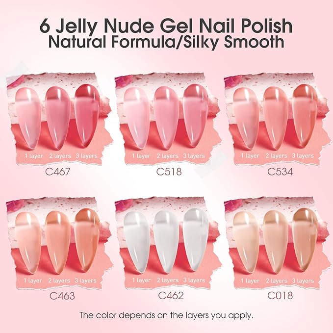 ROSALIND Jelly Gel Polish Set with Matte and Glitter Gel Top Coat, 6 Translucent Colors Neutral Sheer Milky White Nude Pink base Gel Nail Polish set Nail Art DIY at Home