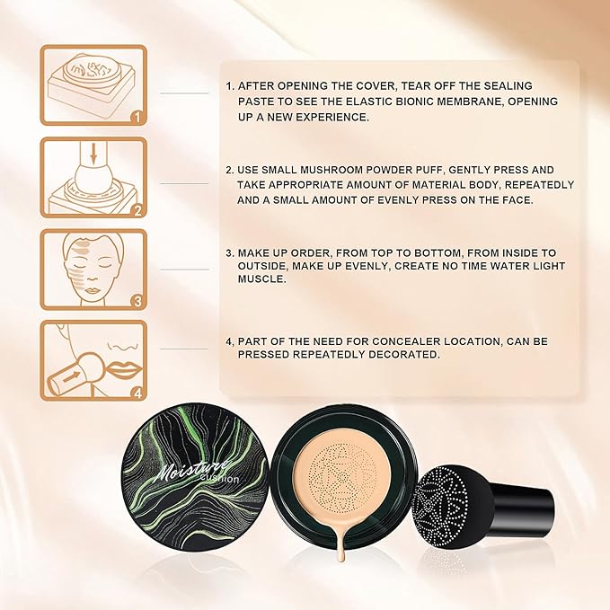 Mushroom Head Air Cushion CC Cream Foundation - Moisturizing & Long-Lasting BB Cream Concealer Makeup Base for All Skin Types, Brighten Long - Lasting Even Color Correcting Concealer (Nude)
