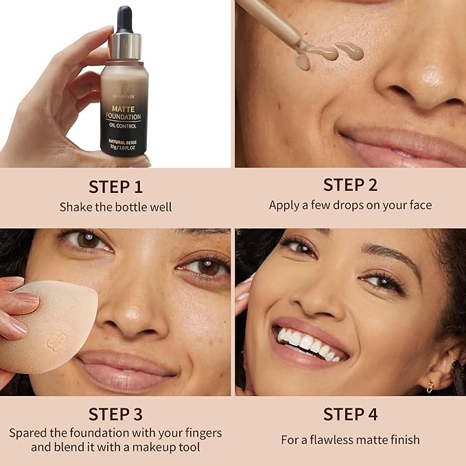 FV Full Coverage Liquid Foundation Makeup, Long Lasting Matte Foundation with Flawless Finish, Concealing & Minimizing Pores, Oil Control Waterproof for Oily Combination Skin, 1 Fl. Oz (Natural Beige)