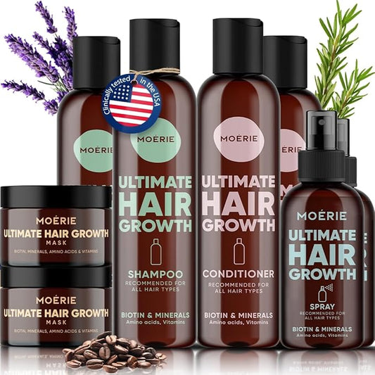Moerie Shampoo and Conditioner Plus Hair Mask and Hair Spray Mega Pack – The Ultimate Hair Care Set – For Longer, Thicker, Fuller Hair - Volumizing Hair Products – Paraben & Silicone Free - 8 items