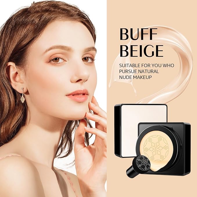 Air Cushion CC Cream Mushroom Head - Moisturizing & Oil Control Screw Lid Concealer Makeup Base, Primer Liquid Foundation Long Lasting with Mushroom Makeup Sponges for All Skin Types (Buff Beige)