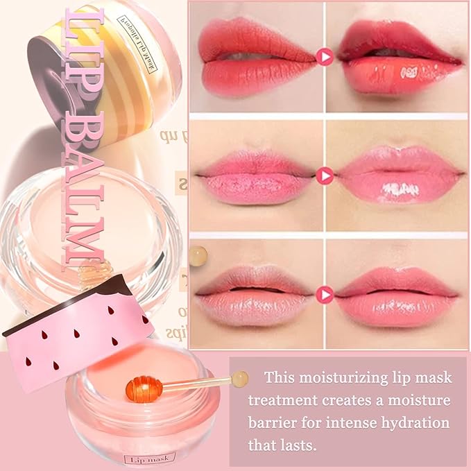 Bee Lip Balm Honey Pot, 4 PCS Strawberry & Honey Lip Masks Hydrating Prevention Dry and Cracked Lip Scrubs Exfoliator，Lip Sleep Mask Reduces Lip Lines，Lip Exfoliating Bee Lip Balm Sleeping Lip Mask