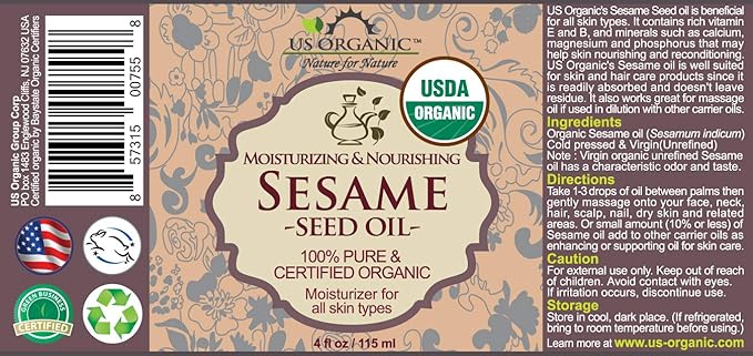 US Organic Sesame Seed Oil, USDA Certified Organic, Untoasted, Unrefined Virgin, 100% Pure & Natural, Cold Pressed, in Amber Glass Bottle w/Glass Eye dropper, Sourced from Mexico (4 oz (Large))