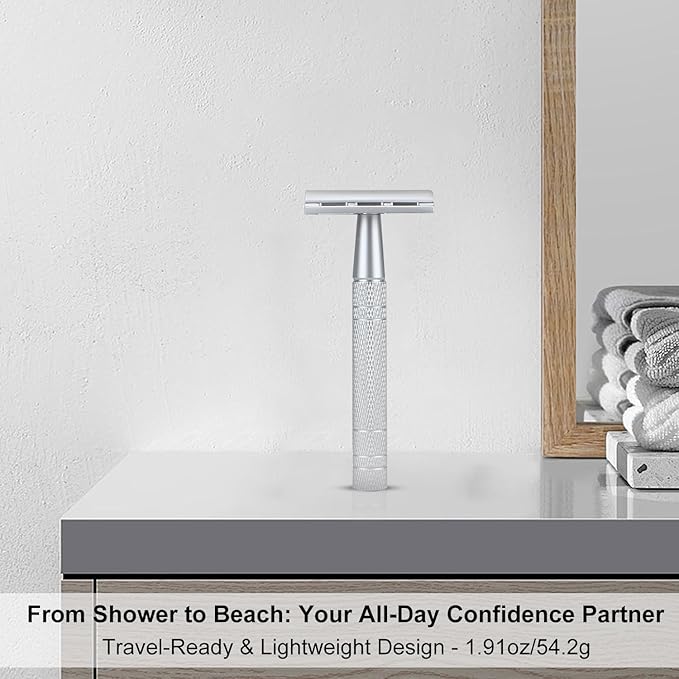 Double Edge Safety Razor, Single Blade Razors for Men and Women, with 10 Double Edge Blades, Reusable Metal 1 Blade Razor, Eco-Friendly, Zero Waste, Smooth and Close Shave, Matte Silver