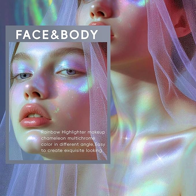 Chameleon Face Highlighter Palette, Glitter Metallic Rainbow Eyeshadow Holographic Sparkling Long Lasting Color Shifting Inner Corner Eye Brightener Illuminator Shimmer Highlighter Makeup