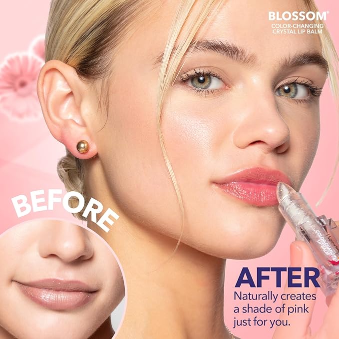 Blossom Moisturizing Color Changing Shimmering Lip Balm Sparkle Lip Stain Tint, Infused with Real Flowers, 3g, Crystal