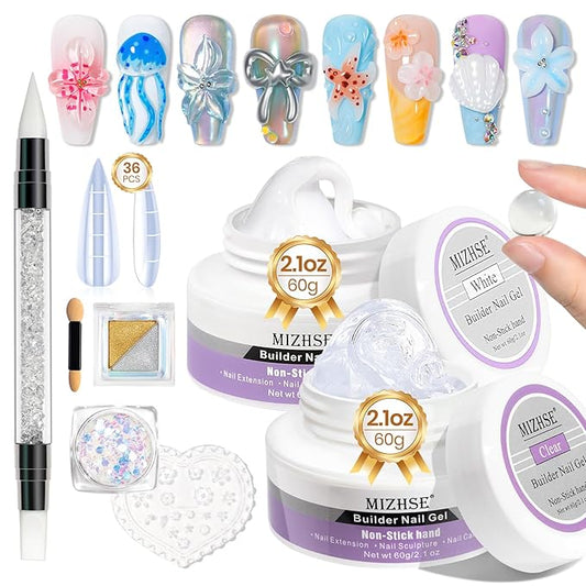 MIZHSE 2PCS 60g Clear and White Solid Builder Gel for Nails, 3D Sculpting Gel for Nail Art with Gold Silver Chrome Powder Nail Form Molding Builder Gels Kit for Women Home DIY Manicure