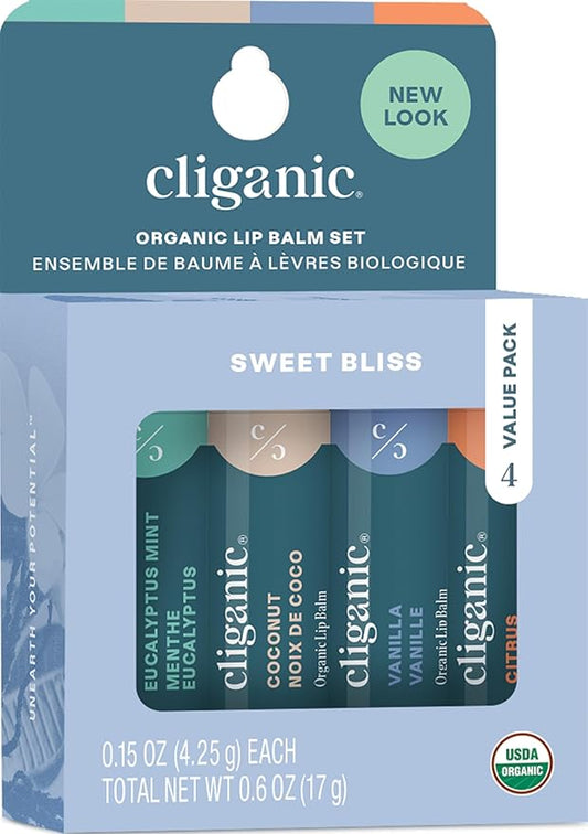 Cliganic Organic Lip Balm Set - 4 Flavors - Natural Hydrating for Cracked & Dry Lips