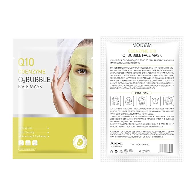 10 Sheets Coenzyme Q10 O2 Bubble Masks for Face, Bubble Face Mask Skincare for All Skin Types, Deep Cleansing Moisturizing Facial Mask Skin Care for Pores, Firming, Purifying, Sheet Masks for Spa