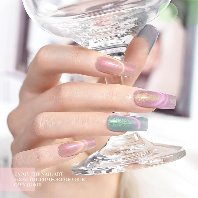 RARJSM Aurora Pearl Cat Eye Gel Nail Polish Set 6pcs Ceramic Silver Shimmer Universal Pink Green Blue Purple Orange Glitter Mermaid Swirl Shell Thread Effect with Magnet Stick Curing Requires