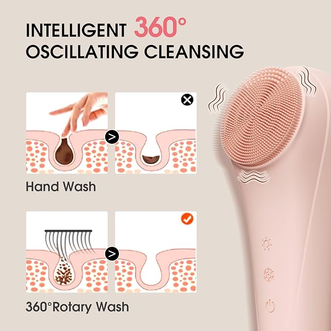 Facial Cleansing Brush,Silicone Face Scrubber,Pore Scrubber for Women Men,IPX7 Waterproof Exfoliating Face Brush,Rechargeable Electric Face Scrub,Pink