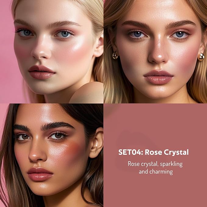 Multi Cream Blush & Blush Brush Set, Korean Makeup Blush for Cheeks, Multi-Use Face Balm, Lightweight & Hydrating, Blendable Color, Non-Greasy, Soft Bristles for Radiant Finish (Rose Crystal)