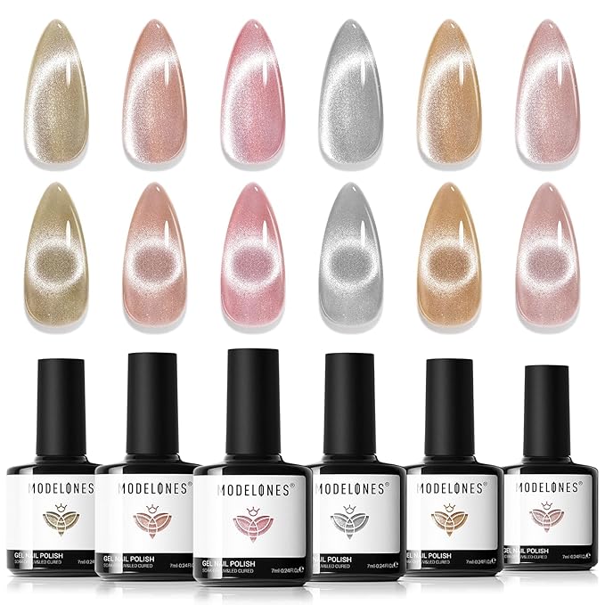 Modelones Cat Eye Gel Nail Polish Set, Holographic Glitter 6 Colors with Magnet, Sparkle Galaxy Series Nude Pink Gel Polish, Soak Off Led Gel Polish Kit, Nail Art, Salon DIY Gifts