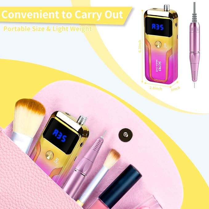 Portable Nail Drill Professional 35000 RPM, MOCOWIND Rechargeable Electric Nail File Machine for Acrylic Nails Gel Polishing, Cordless E-File with Bits Kit for Manicure Salon Home, Yellow & Purple