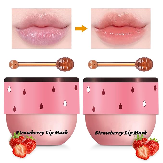 2PCS Lip Mask Overnight, Honey&Strawberry Moisturizing Repair Sleeping Lip Balm, Fade Lip Lines Bee Lip Balm, Hydrating &Prevention Dry and Crack Lip Scrubs Exfoliator (Strawberry & Strawberry)