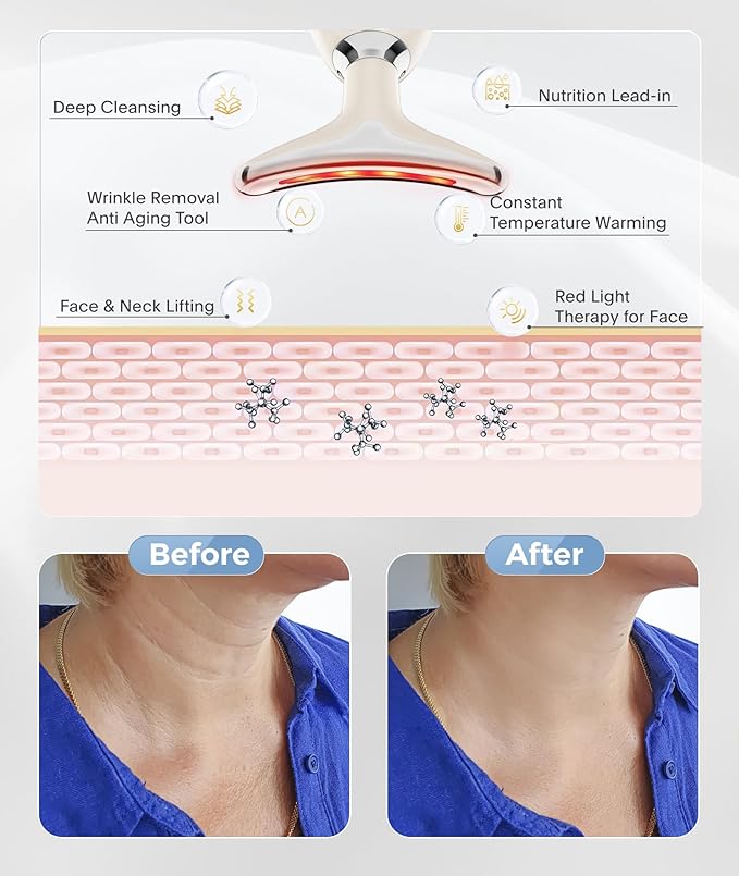 Red Light Therapy for Face and Neck, 7 Color Beauty Face Massager Tool, Vibrating Facial Massager with Thermals for Wrinkles, Double Chin, Glossy White