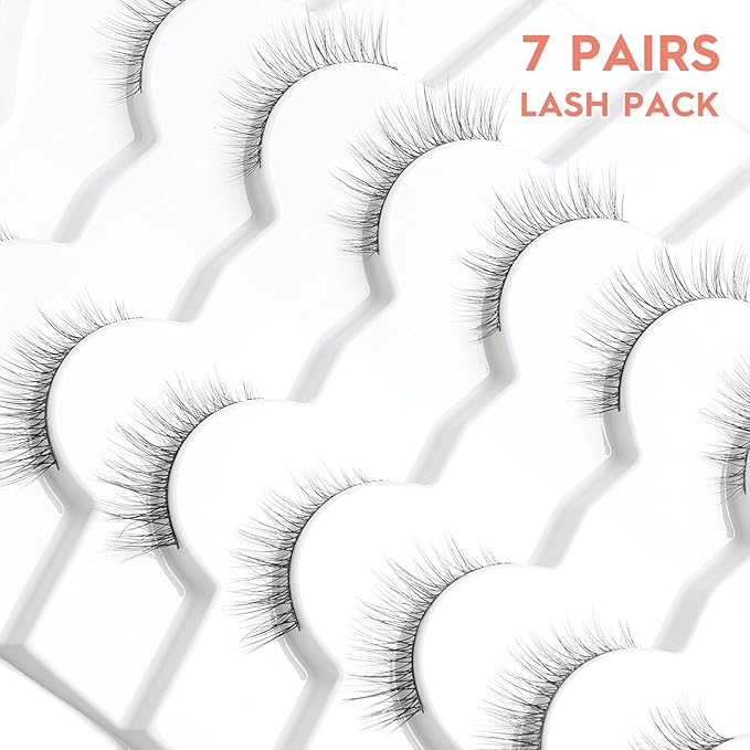 Natural Wispy Cat Eye Lashes - 3D Volume C Curl Eyelashes With Thin Band - 10mm Short Lashes - 7 Pairs
