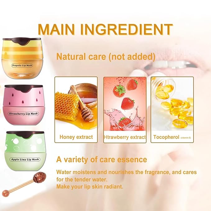 3 PCS Bee Lip Mask Lip Balm Honey Pot, Strawberry & Honey Lip Sleeping Mask Hydrating Prevention Dry and Cracked Lip Scrubs Exfoliator,Lip Mask Overnight Reduces Lip Lines