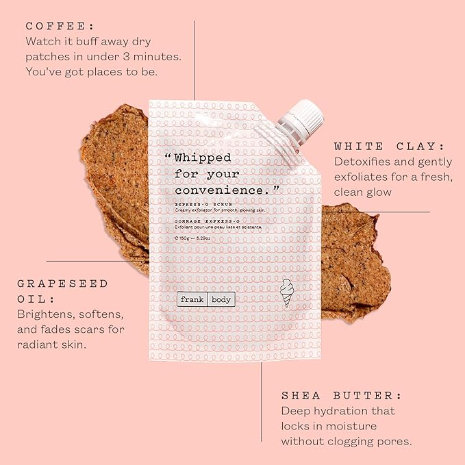 frank body Express-O Coffee Scrub | Natural, Vegan, Cruelty Free Exfoliating Body Scrub Smooths, Exfoliates, and Fades Scars & Marks with Shea Butter, Grapeseed Oil, and White Clay | 5.07 oz / 15 g