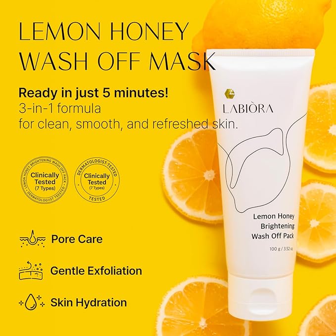 Honey Lemon Face Mask Wash-Off Pack & Scrub — 5-Minute, Exfoliating, Hydrating, Gentle for Sensitive Skin, with Manuka Honey & Lemon Extract, 3.52 oz (100 g)