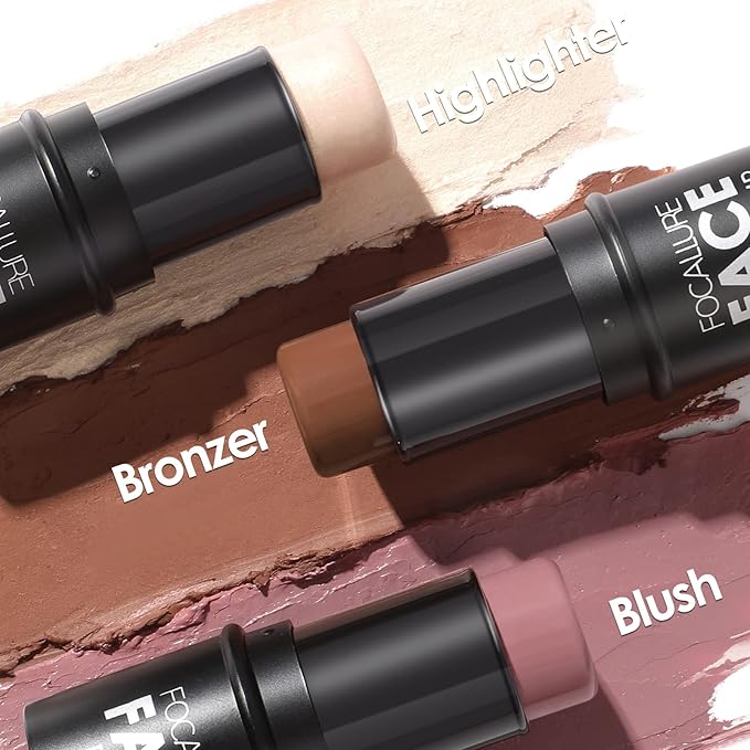 FOCALLURE 3 Pcs Cream Contour Sticks,Shades with Highlighter & Bronzer & Blush,Non-greasy Long-wear Face Contouring Pen,Easy to Sculpt the Face and Create a Lightweight Finishing Makeup,NEUTRAL