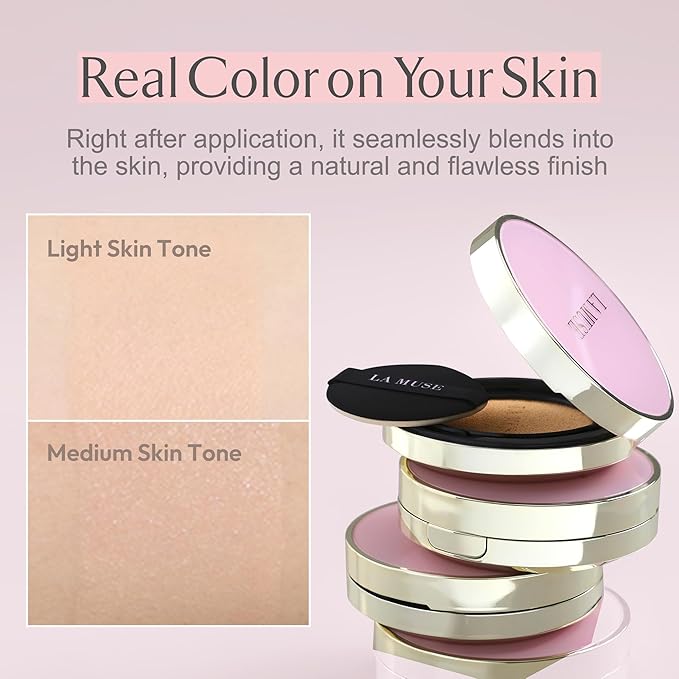 LA MUSE Complexion Correcting-Korean Cushion Foundation(2 Packs) | No Makeup Look, Daily Korean Makeup Foundation, Comfortable Wear | Natural Tone-Up Effect, Light to Medium Tones | For All Skin Types
