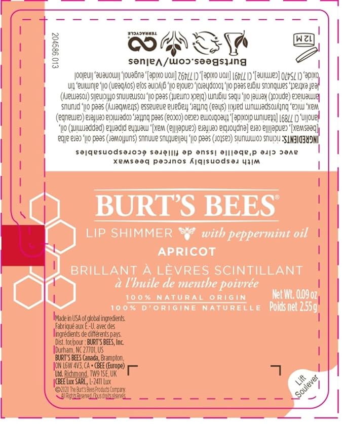 Burt's Bees Lip Balm, Moisturizing Lip Shimmer for Women, for All Day Hydration, with Vitamin E & Coconut Oil, 100% Natural, Apricot, 0.09 Ounce