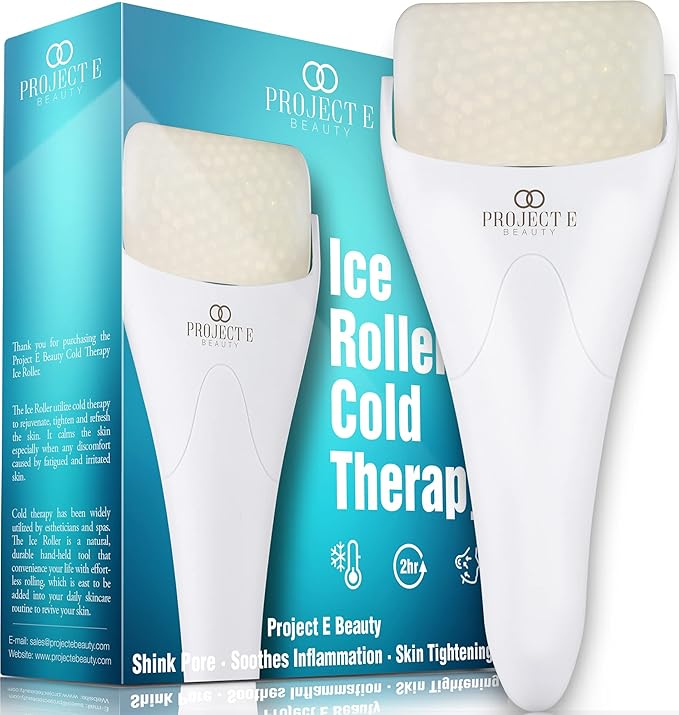 Ice Roller Cold Therapy by Project E Beauty | Reduce Under Eye Puffiness & Dark Circles | Tightens & Firms Skin | Diminish Wrinkles | Pain Relief | Muscle Soreness | Redness (Face & Body Roller)
