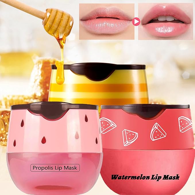 3PCS Bee Lip Balm Honey Pot,Honey Strawberry Watermelon Lip Mask Overnight Moisturizing Lip Balm,Hydrating Prevention Dry & Cracked Nourishing Sleeping Lip Mask (Honey+Strawberry+Watermelon)